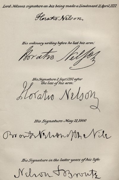 Signatures de Lord Nelson avant et après la perte de son bras droit, de 